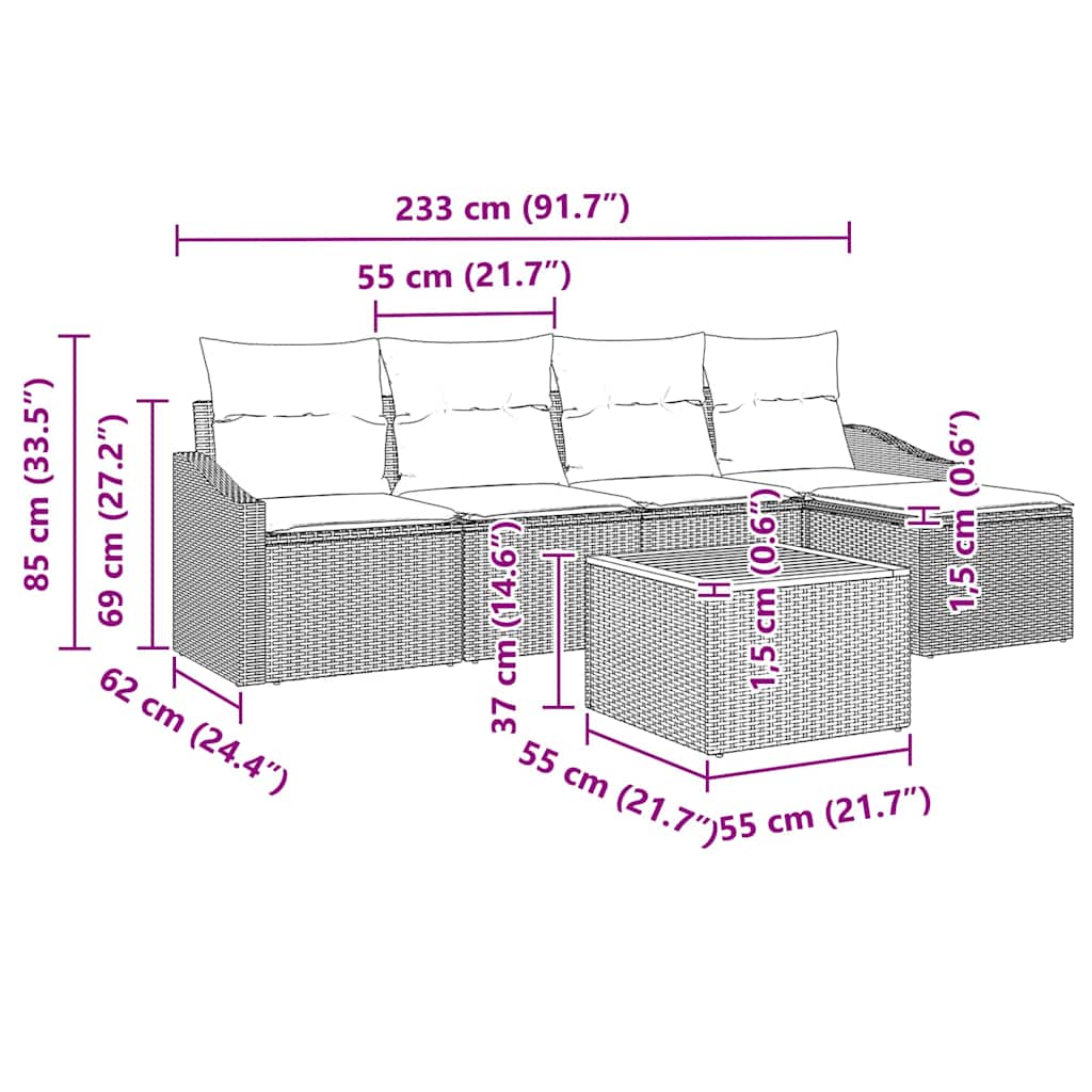 vidaXL Tuinbank Set met kussen 6 pcs Zwart poly rattan