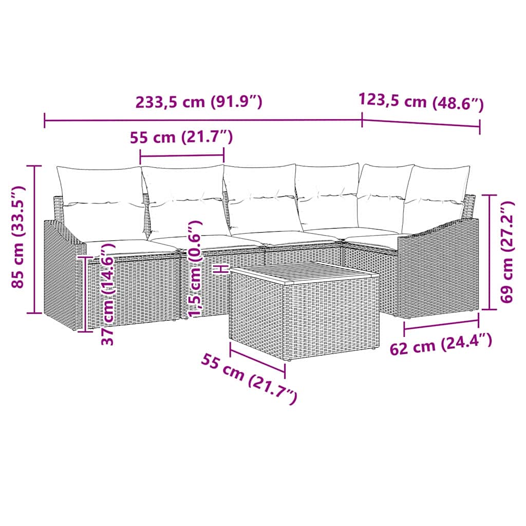 vidaXL Tuinbank Set met kussen 6 pcs Zwart poly rattan
