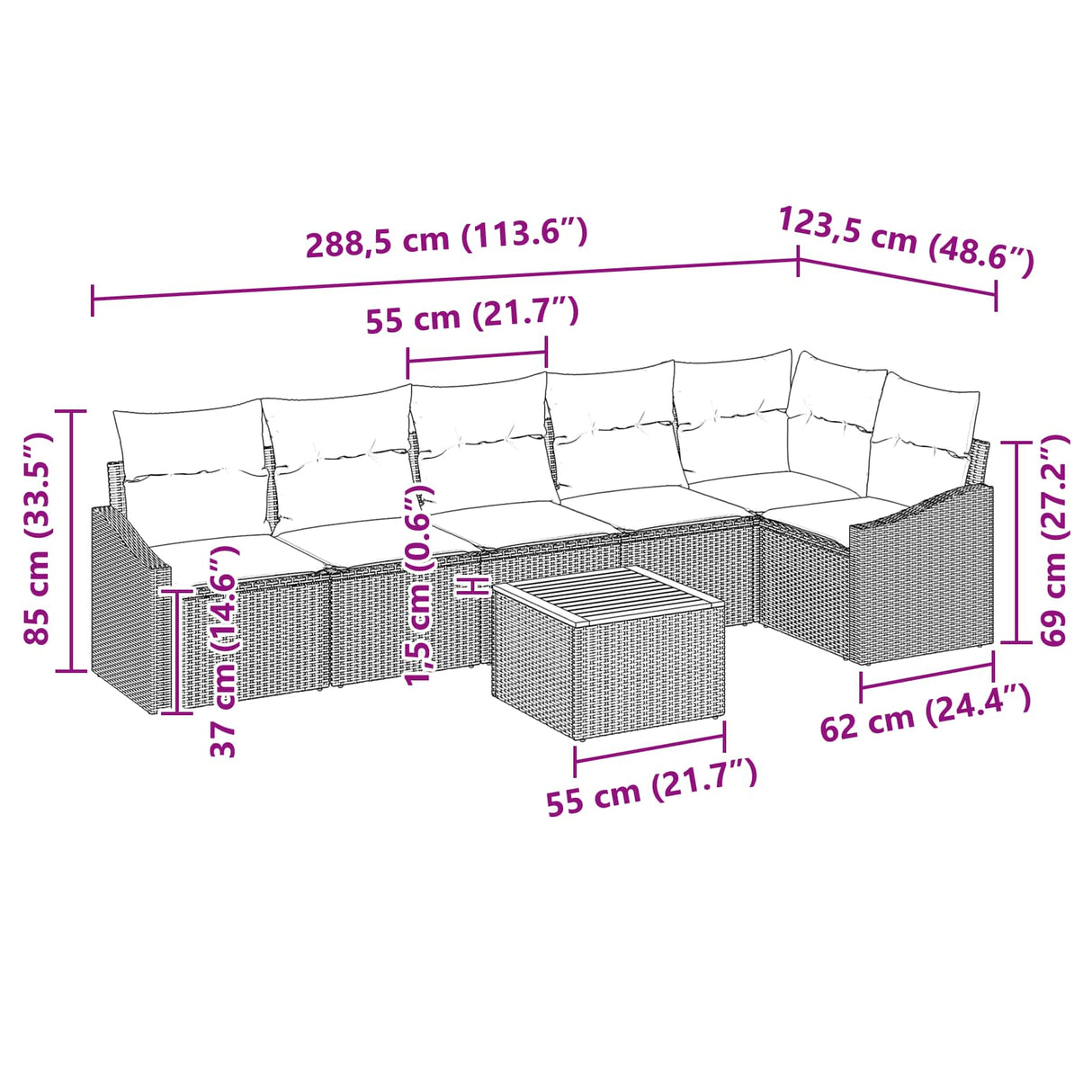 vidaXL Tuinbank Set met kussen 7 pcs Zwart poly rattan