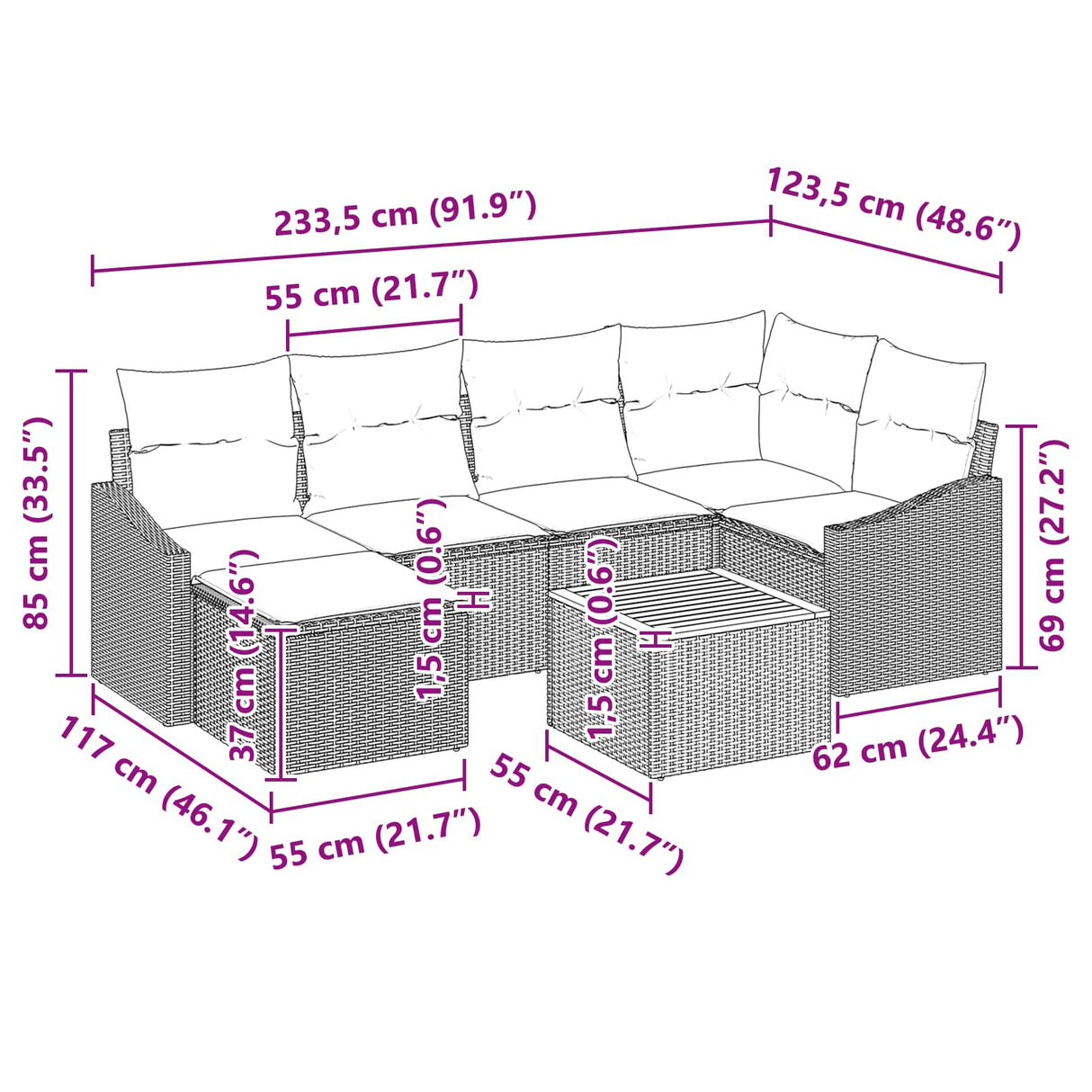 vidaXL Tuinbank Set met kussen 7 pcs Zwart poly rattan