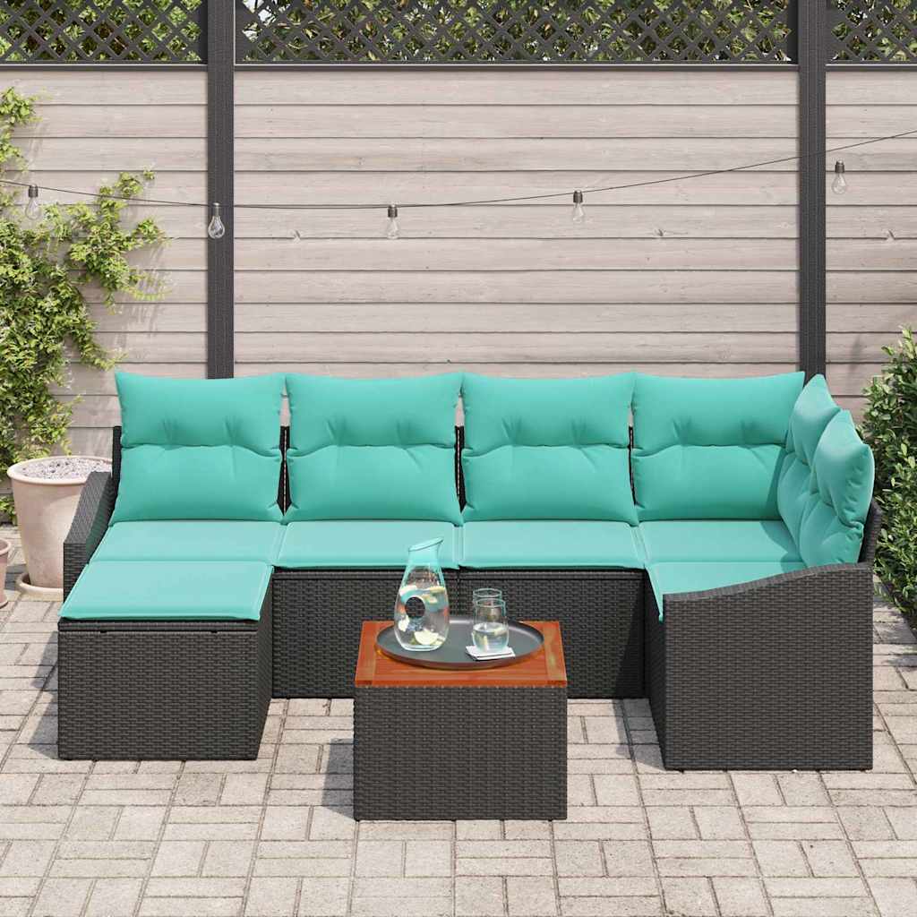 vidaXL Tuinbank Set met kussen 7 pcs Zwart poly rattan