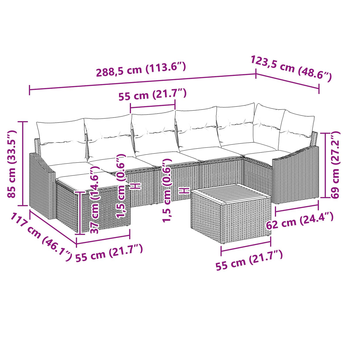vidaXL Tuinbank Set met kussen 8 pcs Zwart poly rattan