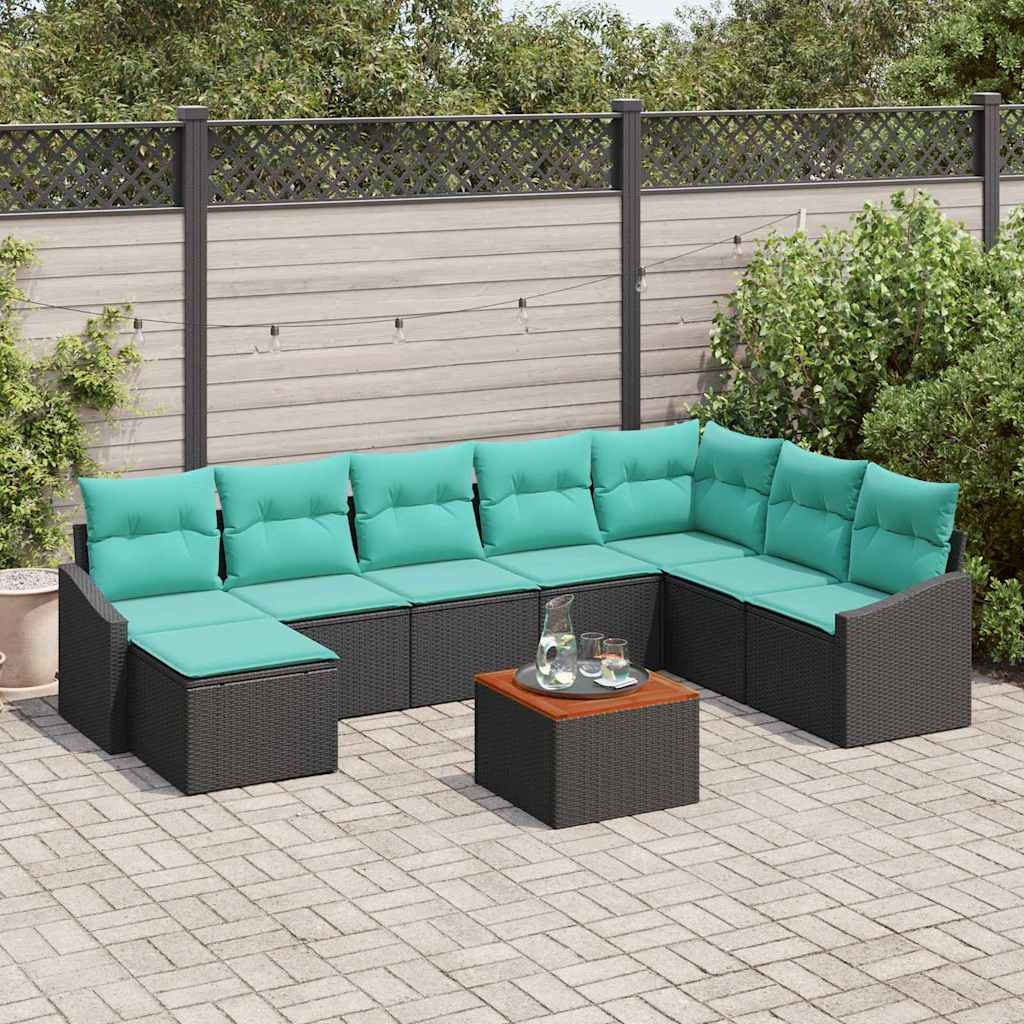 vidaXL Tuinbank Set met kussen 9 pcs Zwart poly rattan