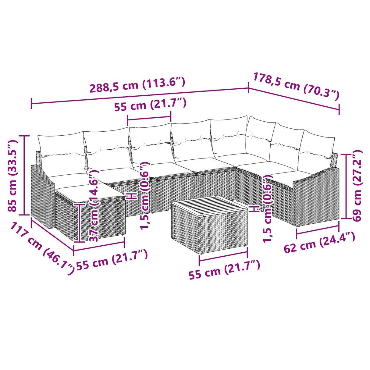 vidaXL Tuinbank Set met kussen 9 pcs Zwart poly rattan