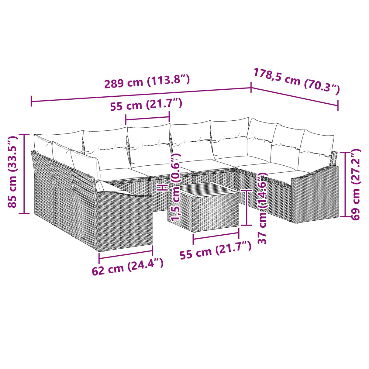 vidaXL Tuinbank Set met kussen 10 pcs Zwart poly rattan
