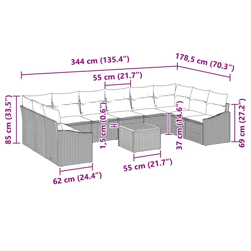 vidaXL Tuinbank Set met kussen 11 pcs Zwart poly rattan