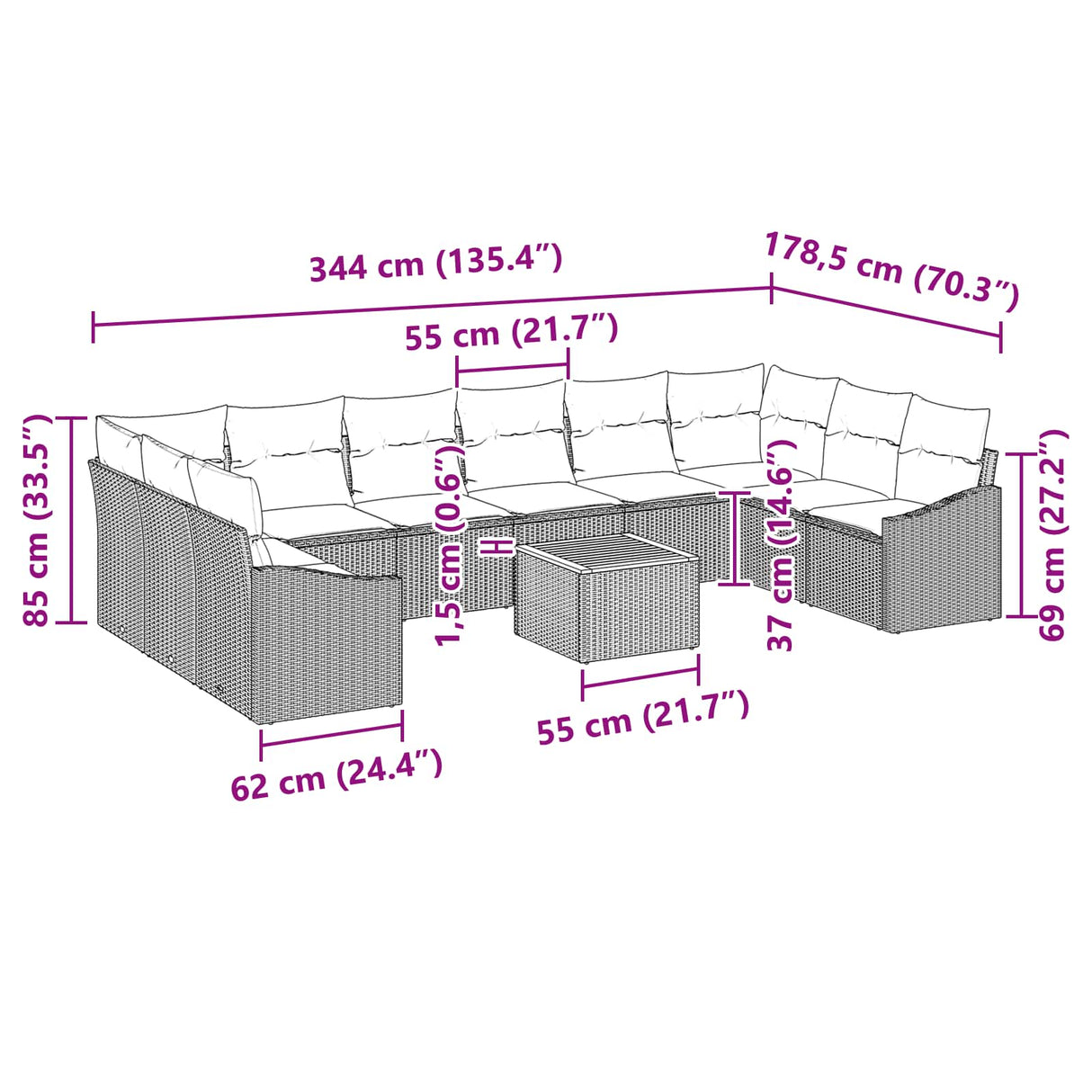 vidaXL Garden Sofa Set with Cushion 11 pcs Black Poly Rattan