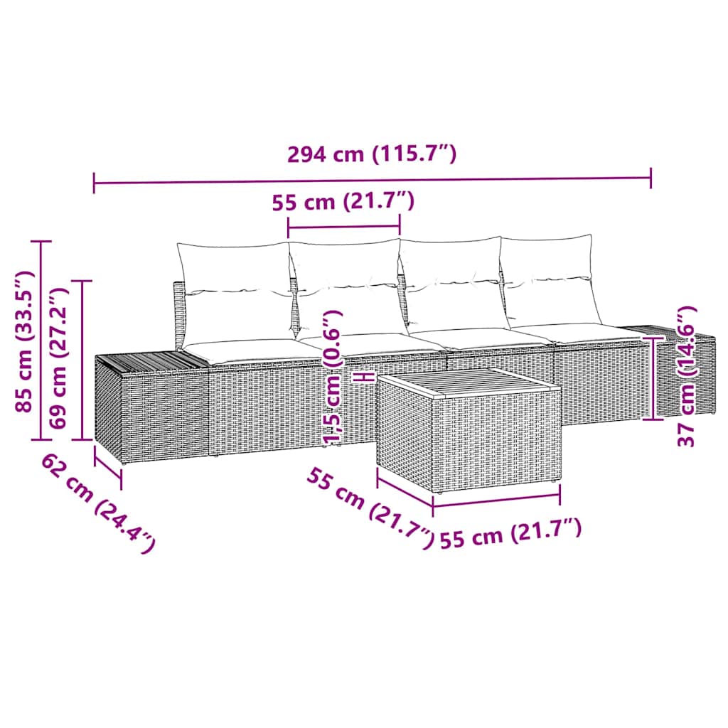 vidaXL Tuinbank Set met kussen 5 pcs Zwart Poly rattan