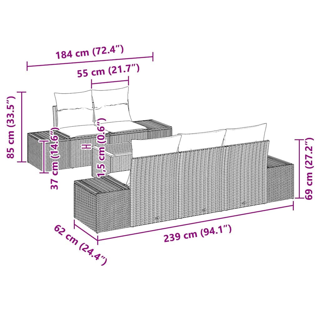 vidaXL Tuinbank Set met kussen 6 pcs Zwart poly rattan