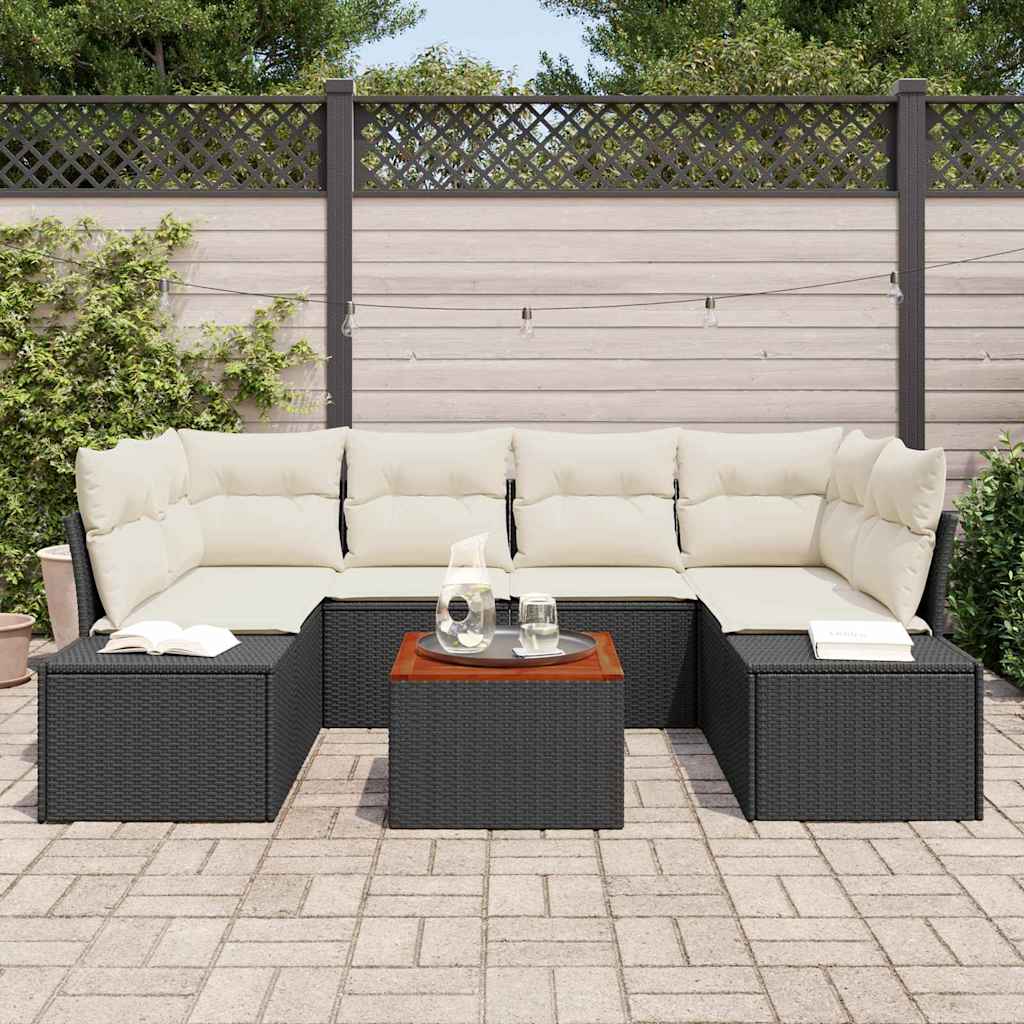 vidaXL Tuinbank Set met kussen 7 pcs Zwart poly rattan