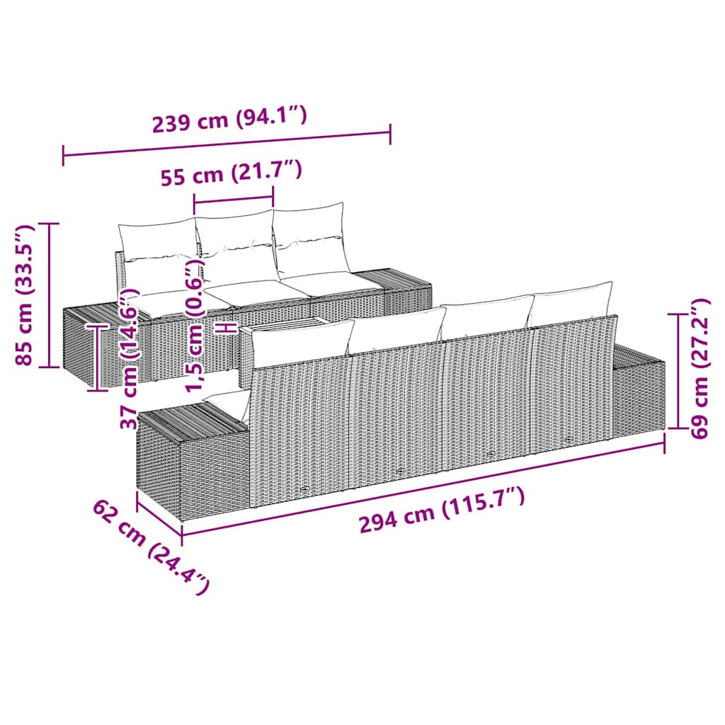 vidaXL Tuinbank Set met kussen 8 pcs Zwart poly rattan