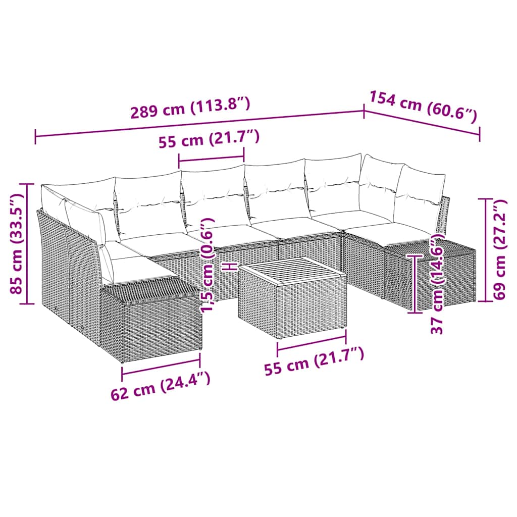 vidaXL Tuinbank Set met kussen 8 pcs Zwart poly rattan