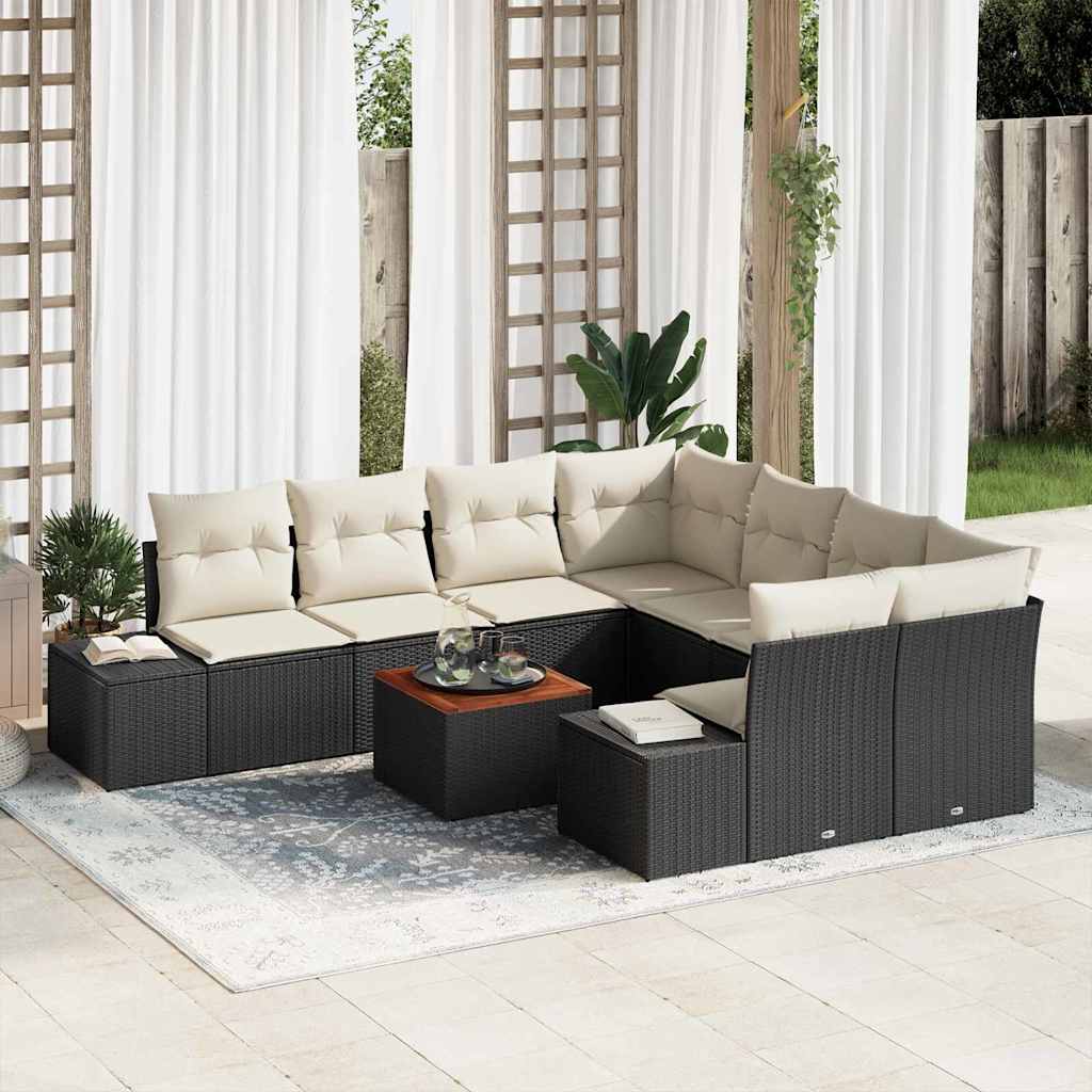 vidaXL Tuinbank Set met kussen 9 pcs Zwart poly rattan