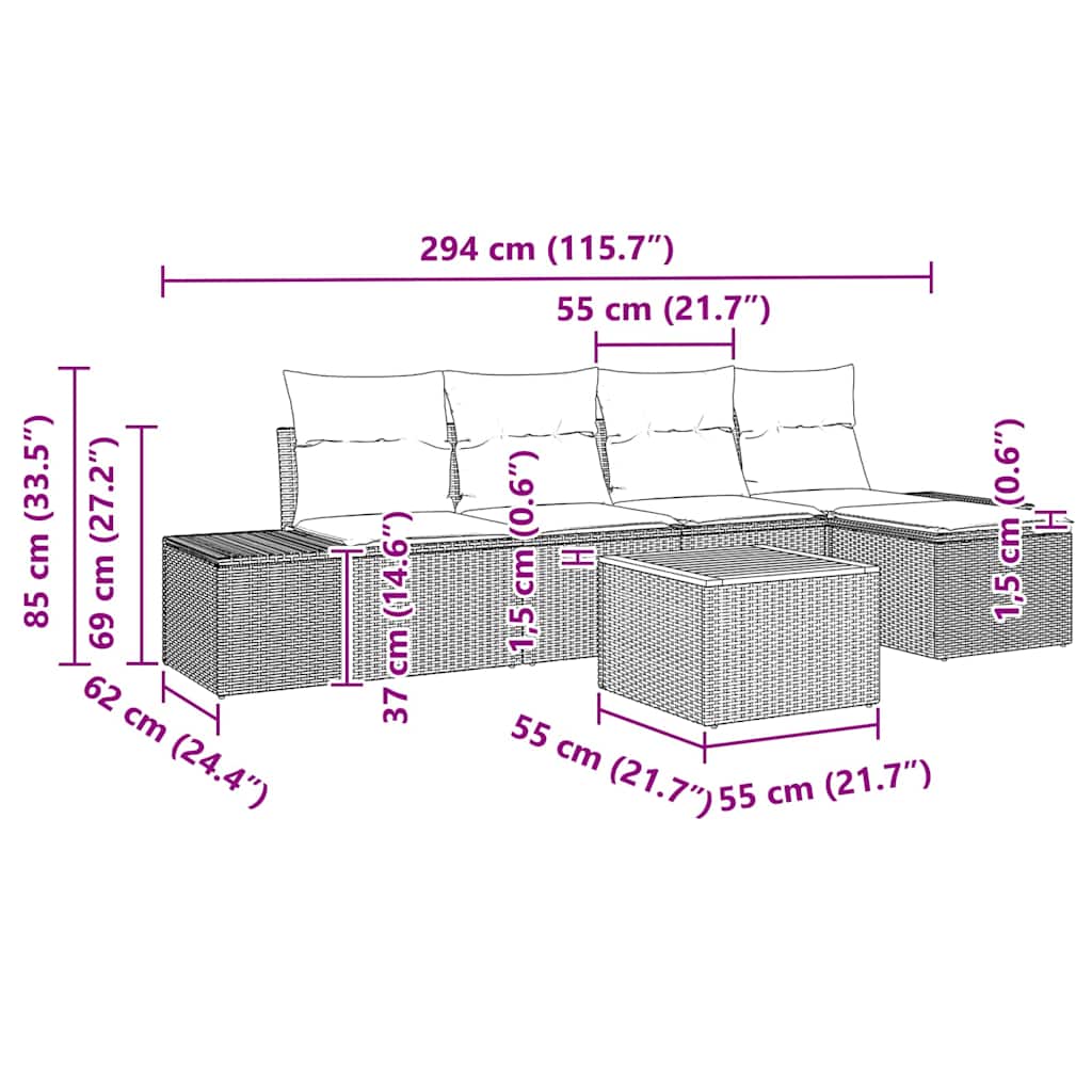 vidaXL Tuinbank Set met kussen 6 pcs Zwart poly rattan