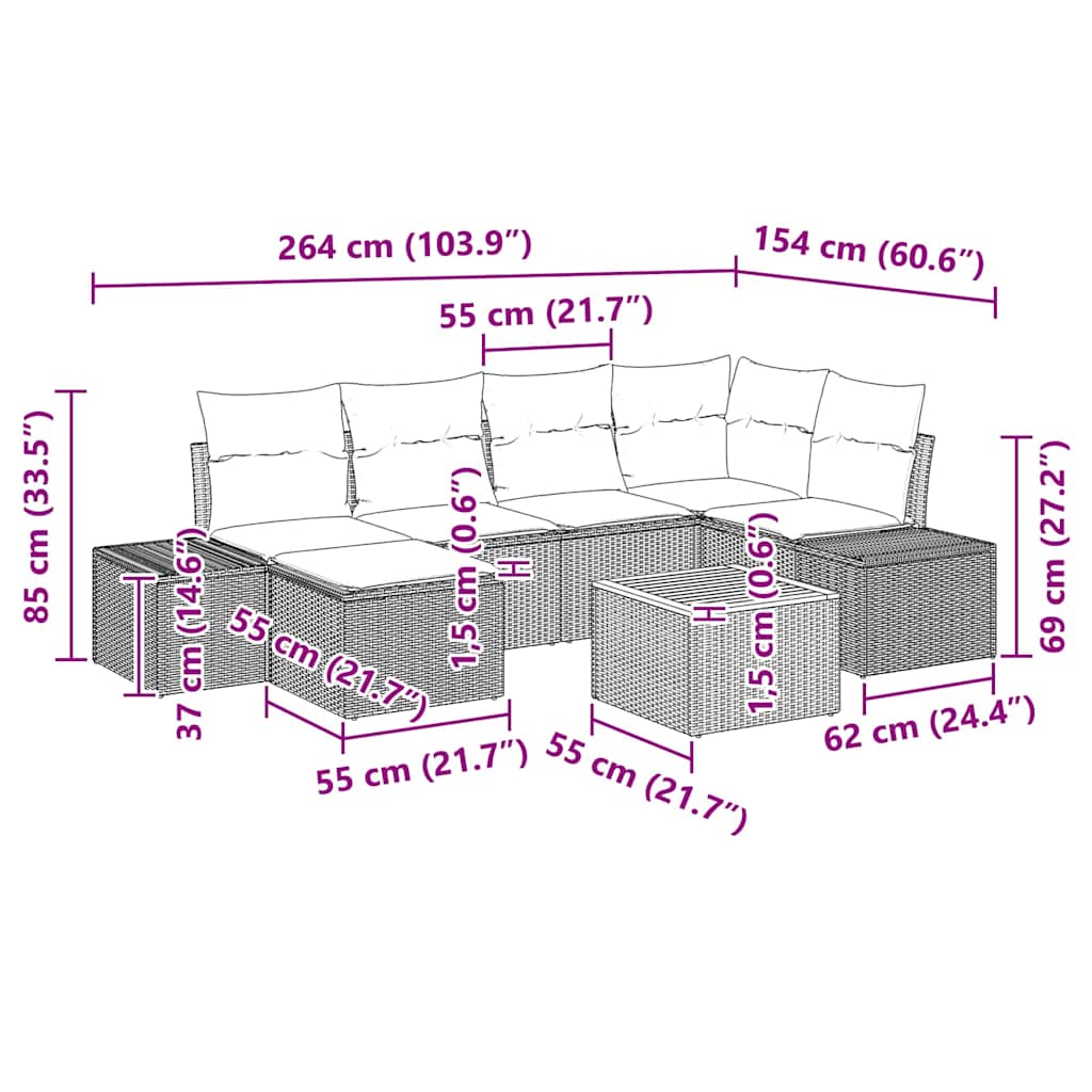 vidaXL Tuinbank Set met kussen 7 pcs Zwart poly rattan