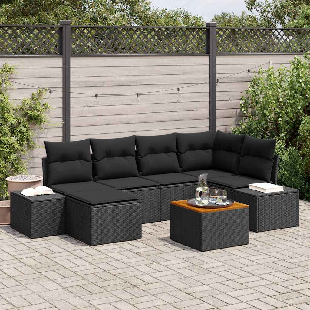 vidaXL Tuinbank Set met kussen 7 pcs Zwart poly rattan