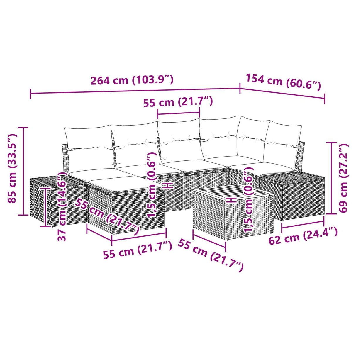 vidaXL Garden Sofa Set with cushion 7 pcs Black poly rattan