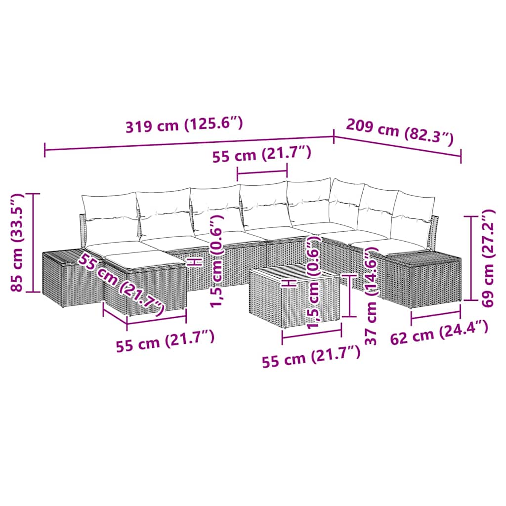 vidaXL Garden Sofa Set with cushions 9 pcs Black poly rattan