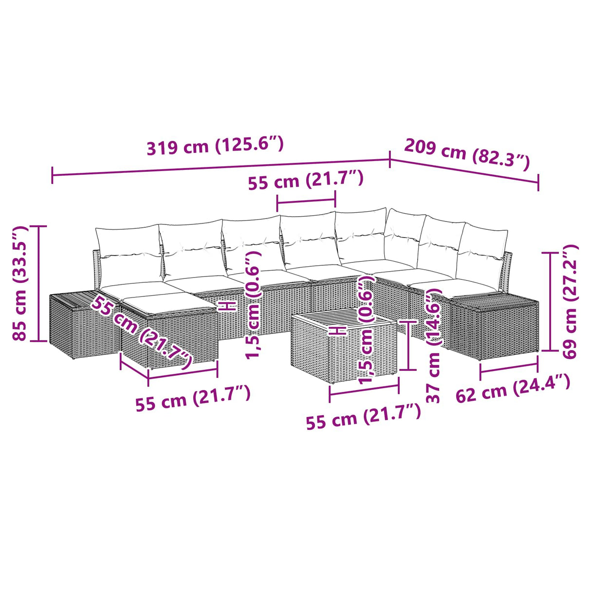 vidaXL Tuinbank Set met kussen 9 pcs Zwart poly rattan