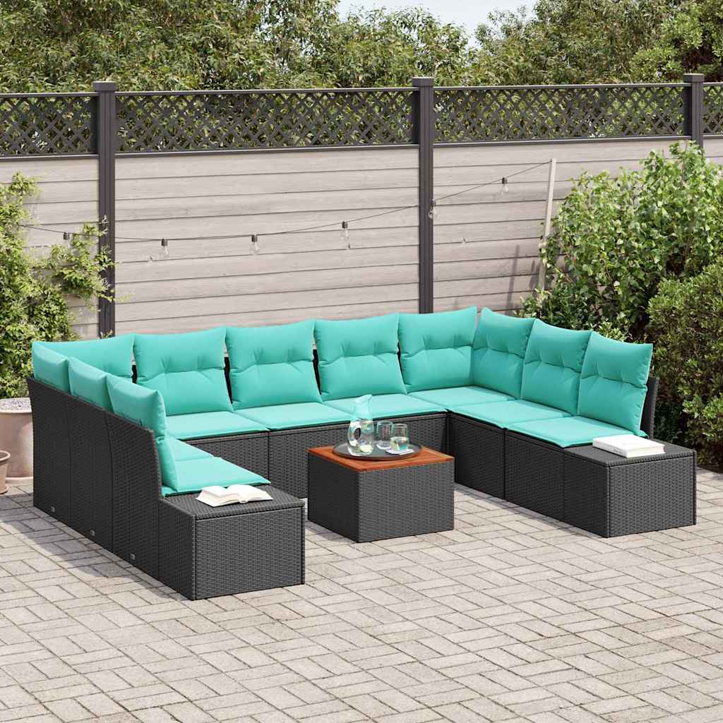vidaXL Tuinbank Set met kussen 10 pcs Zwart poly rattan