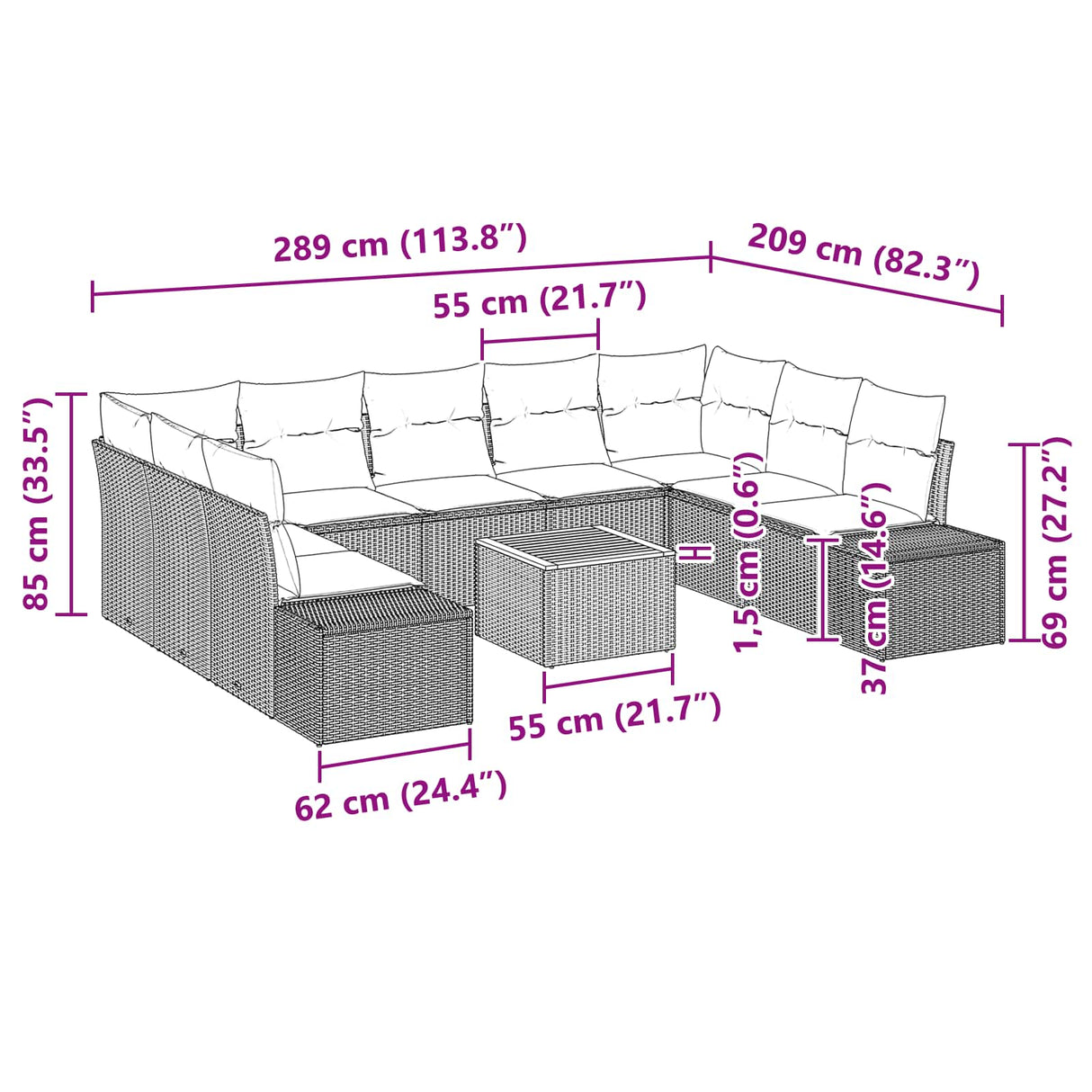 vidaXL Tuinbank Set met kussen 10 pcs Zwart poly rattan