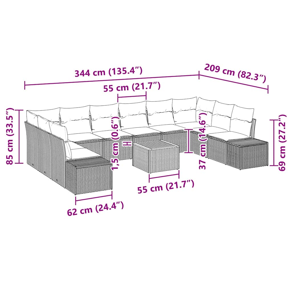 vidaXL Tuinbank Set met kussen 11 pcs Zwart poly rattan