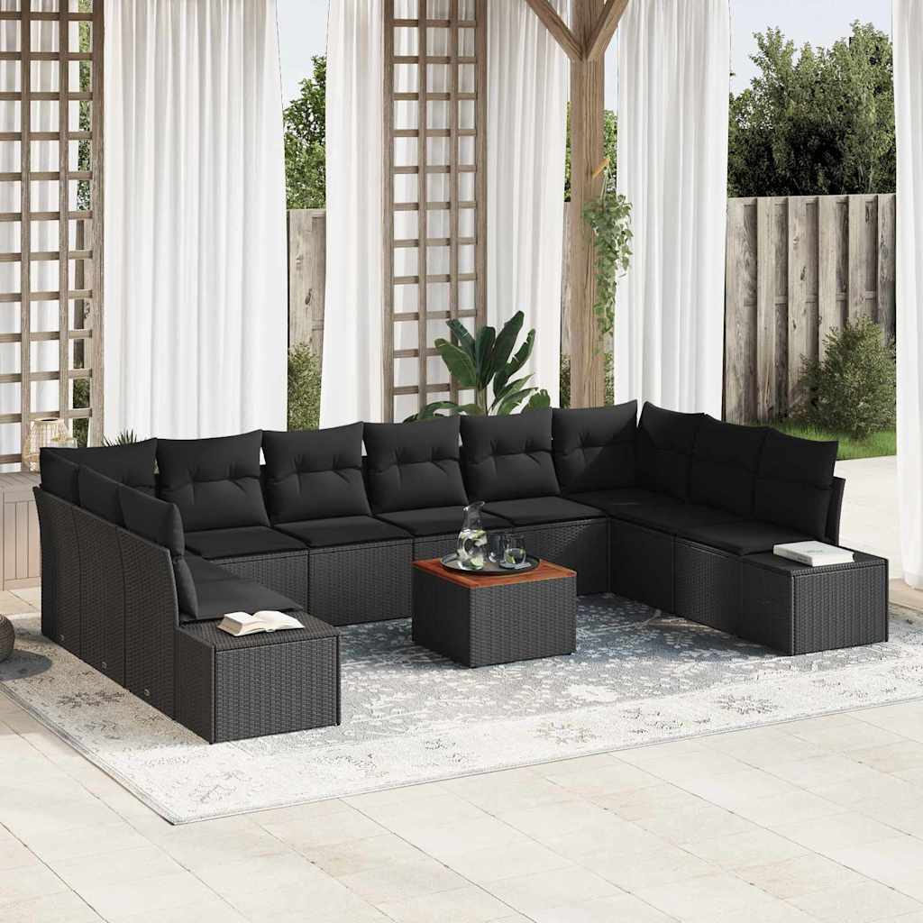 vidaXL Tuinbank Set met kussen 11 pcs Zwart poly rattan