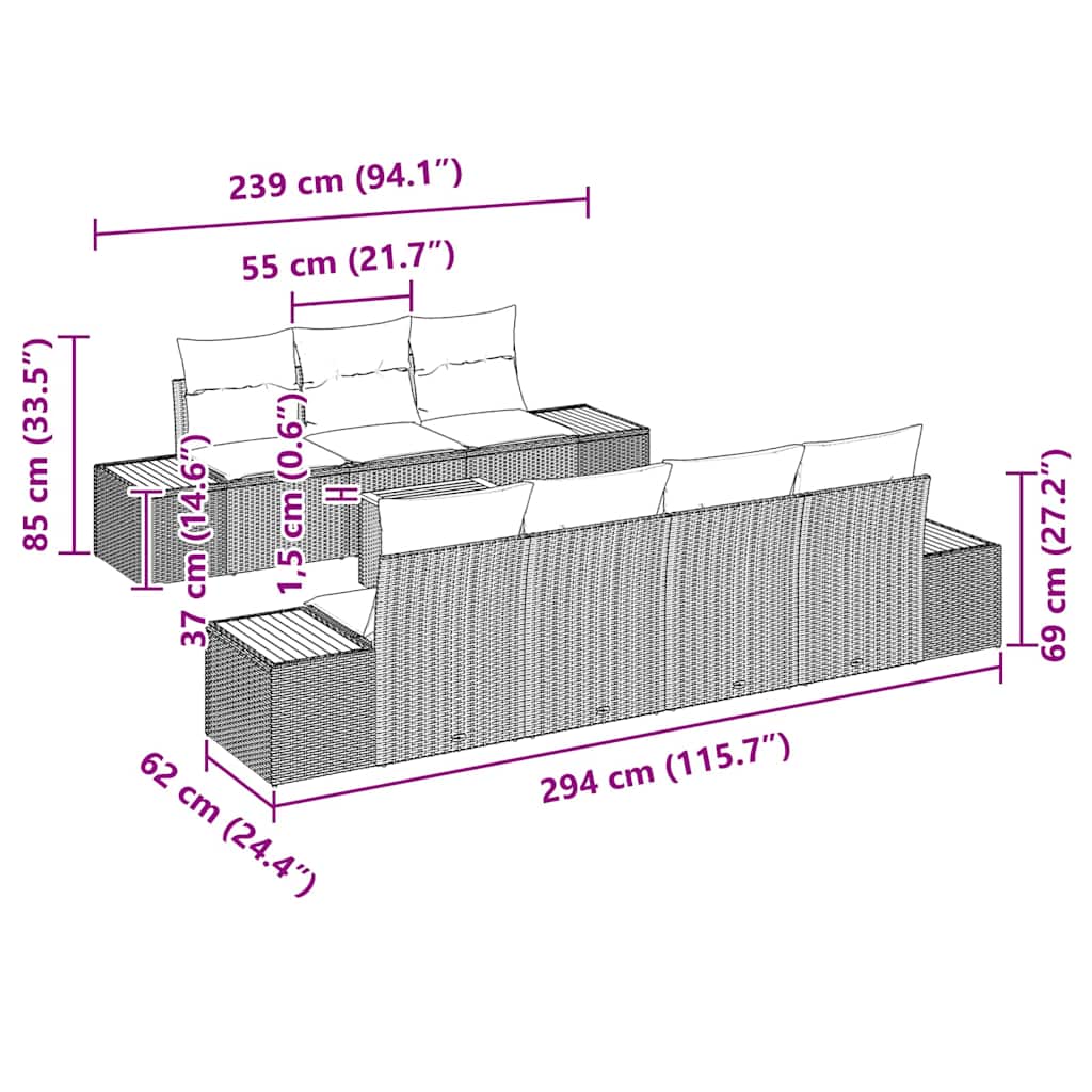 vidaXL Tuinbank Set met kussen 8 pcs Zwart Poly rattan