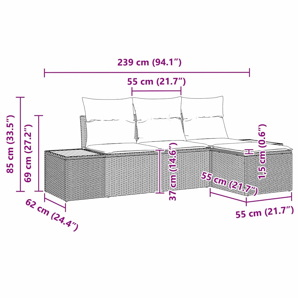 vidaXL Tuinbank Set met kussen met kussen 4 pcs Zwart poly rattan