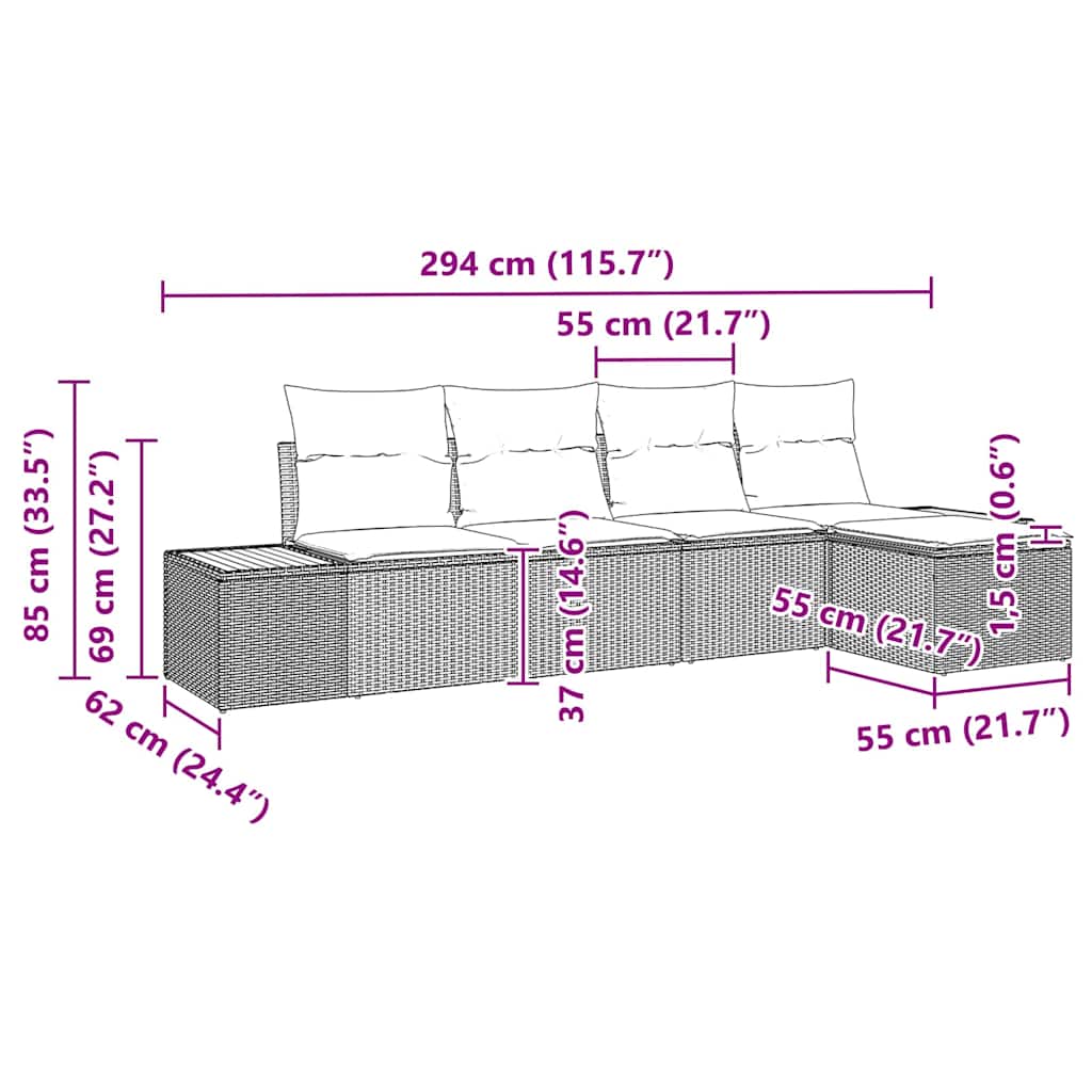 vidaXL Tuinbank Set met kussen 5 pcs Zwart Poly rattan