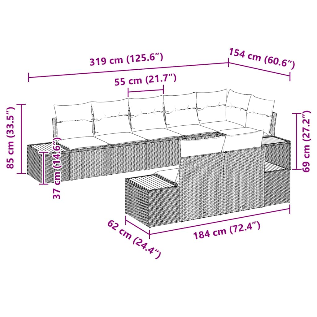 vidaXL Tuinbank Set met kussen 8 pcs Zwart Poly rattan