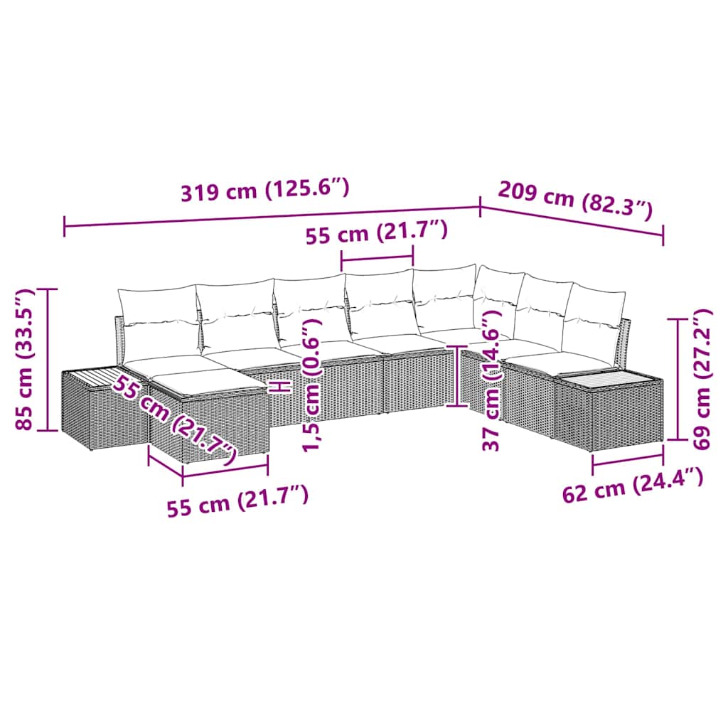 vidaXL Tuinbank Set met kussen 8 pcs Zwart Poly rattan