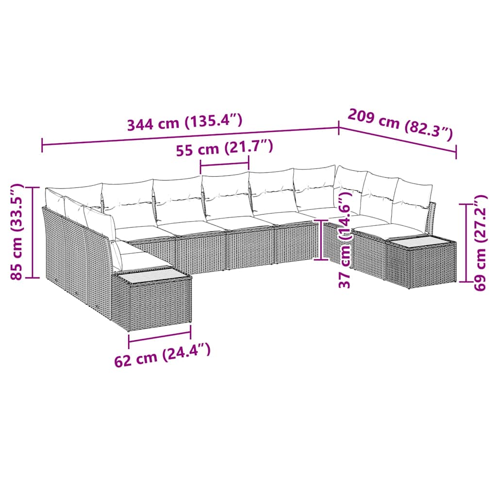 vidaXL Tuinbank Set met kussen 10 pcs Zwart Poly rattan