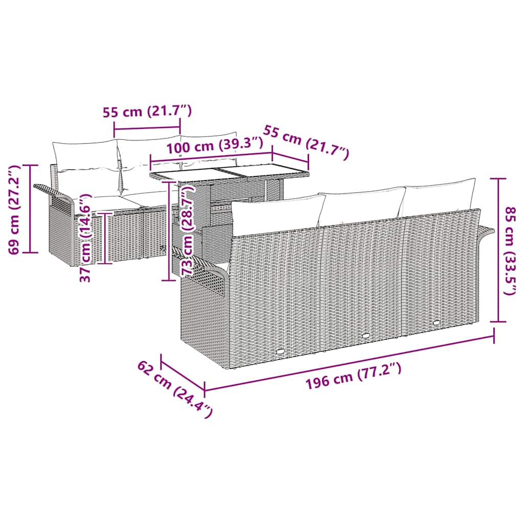 vidaXL Tuinbank Set met kussen 7 pcs Zwart poly rattan