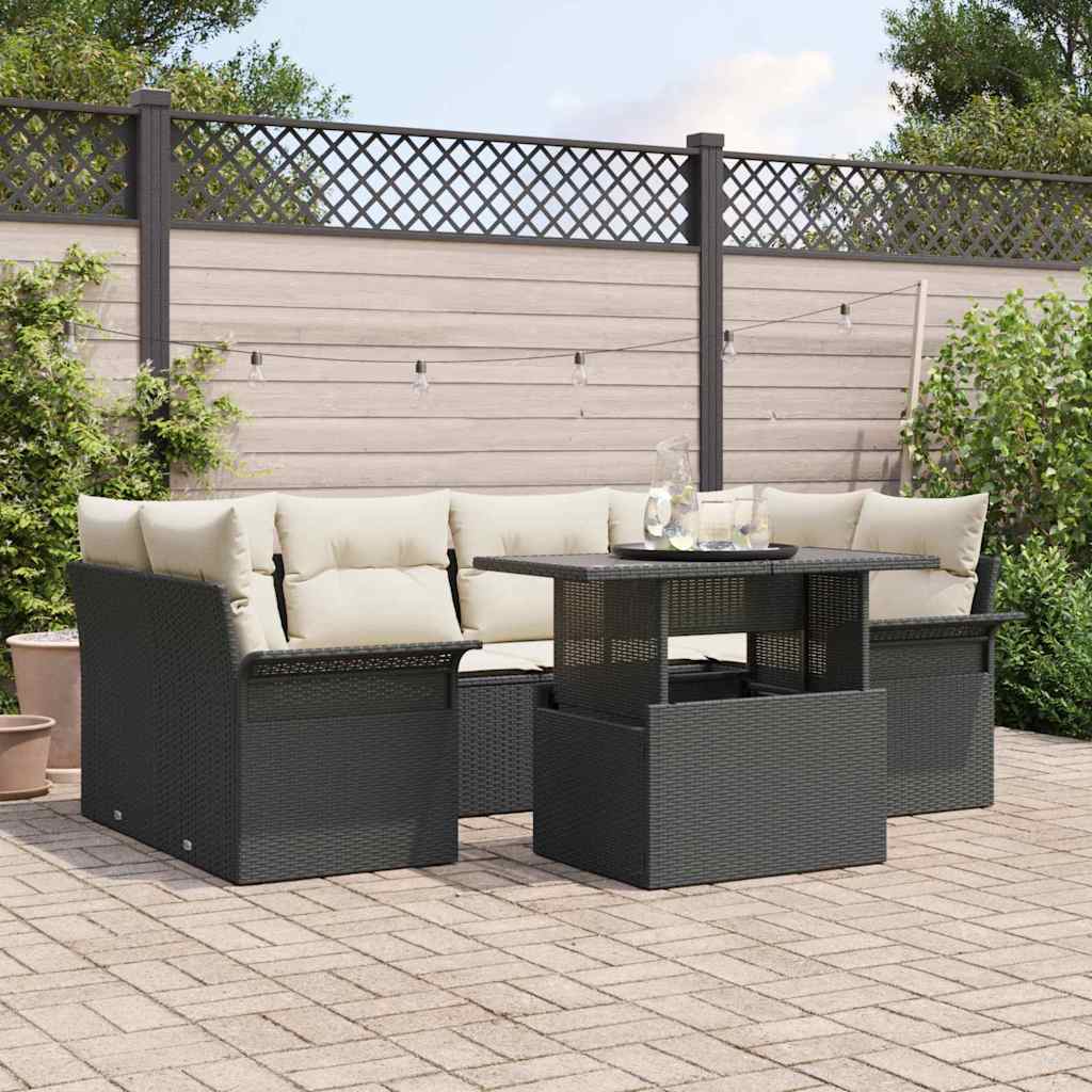 vidaXL Tuinbank Set met kussen 7 pcs Zwart Poly rattan