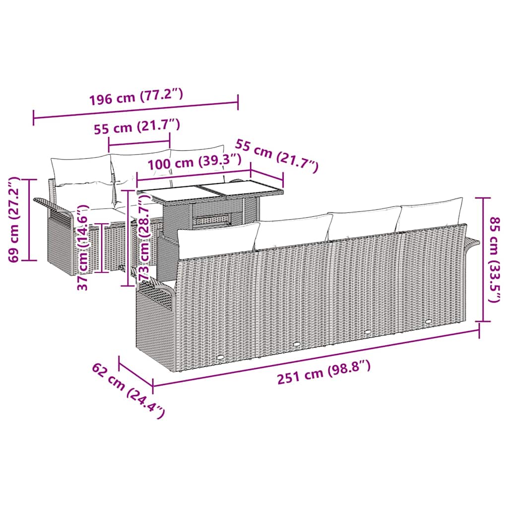 vidaXL Tuinbank Set met kussen 8 pcs Zwart poly rattan