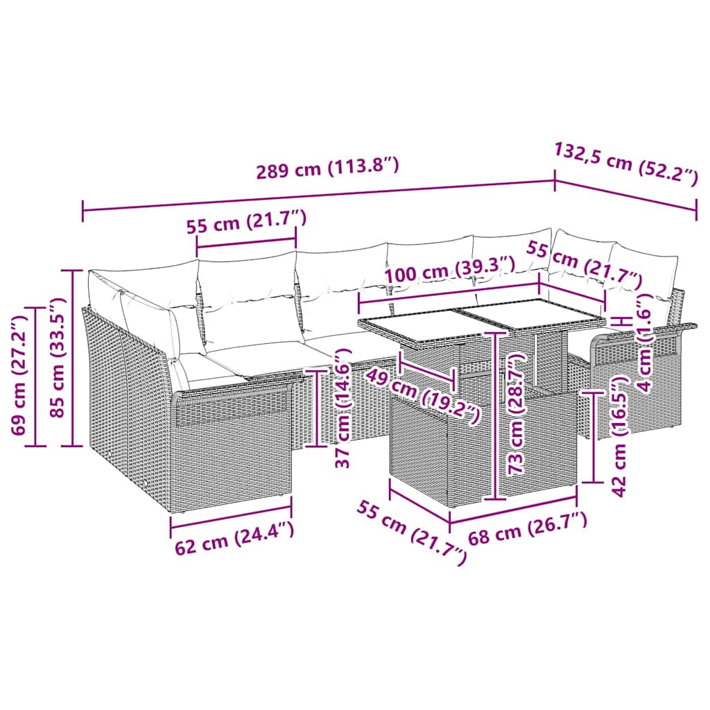 vidaXL Tuinbank Set met kussen 8 pcs Zwart Poly rattan
