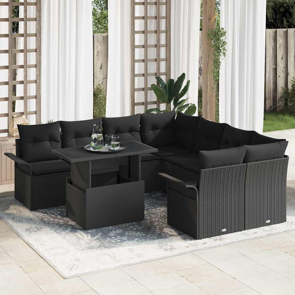 vidaXL Garden Sofa Set with cushions 9 pcs Black Poly Rattan