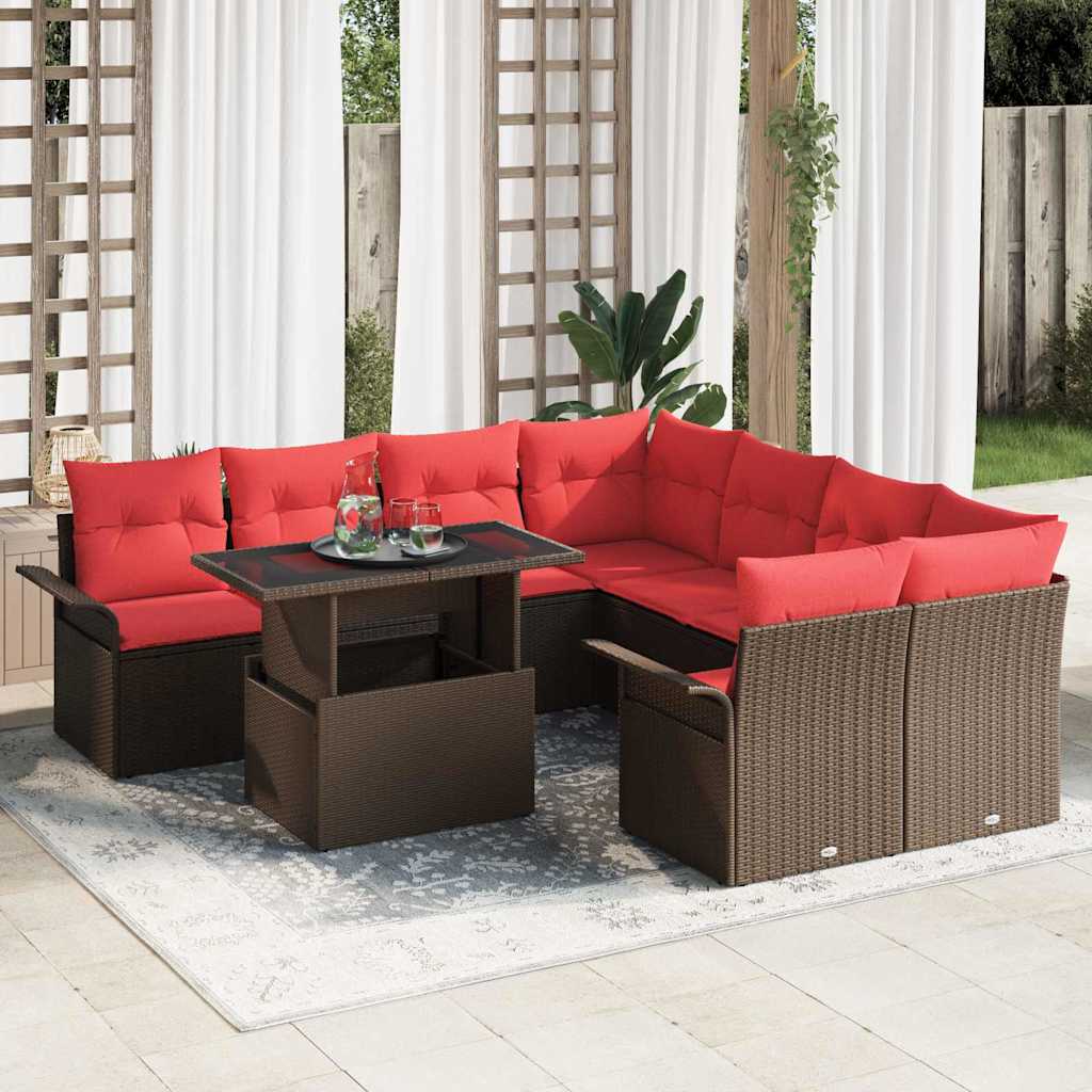 vidaXL Garden Lounge Set with Cushion 9 pcs Brown Poly Rattan