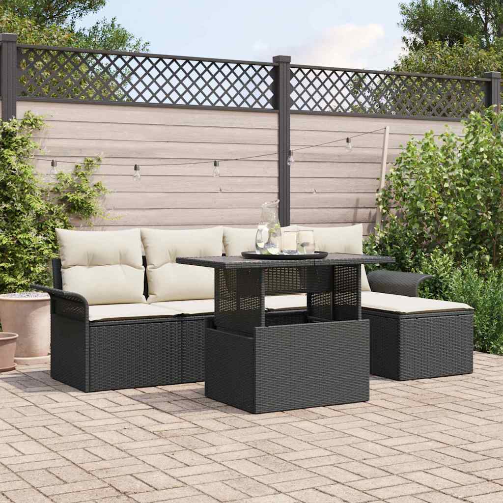 vidaXL Tuinbank Set met kussen 6 pcs Zwart poly rattan
