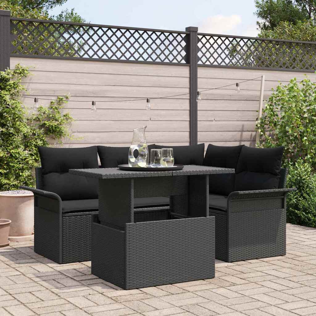vidaXL Tuinbank Set met kussen 5 pcs Zwart Poly rattan