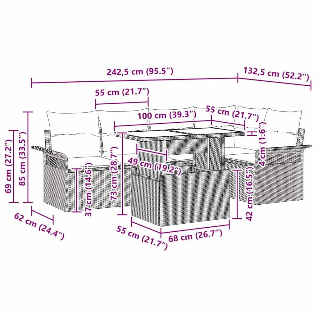 vidaXL Tuinbank Set met kussen 6 pcs Zwart poly rattan