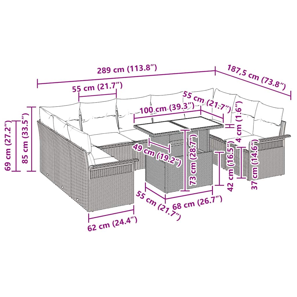 vidaXL Tuinbank Set met kussen 10 pcs Zwart Poly rattan