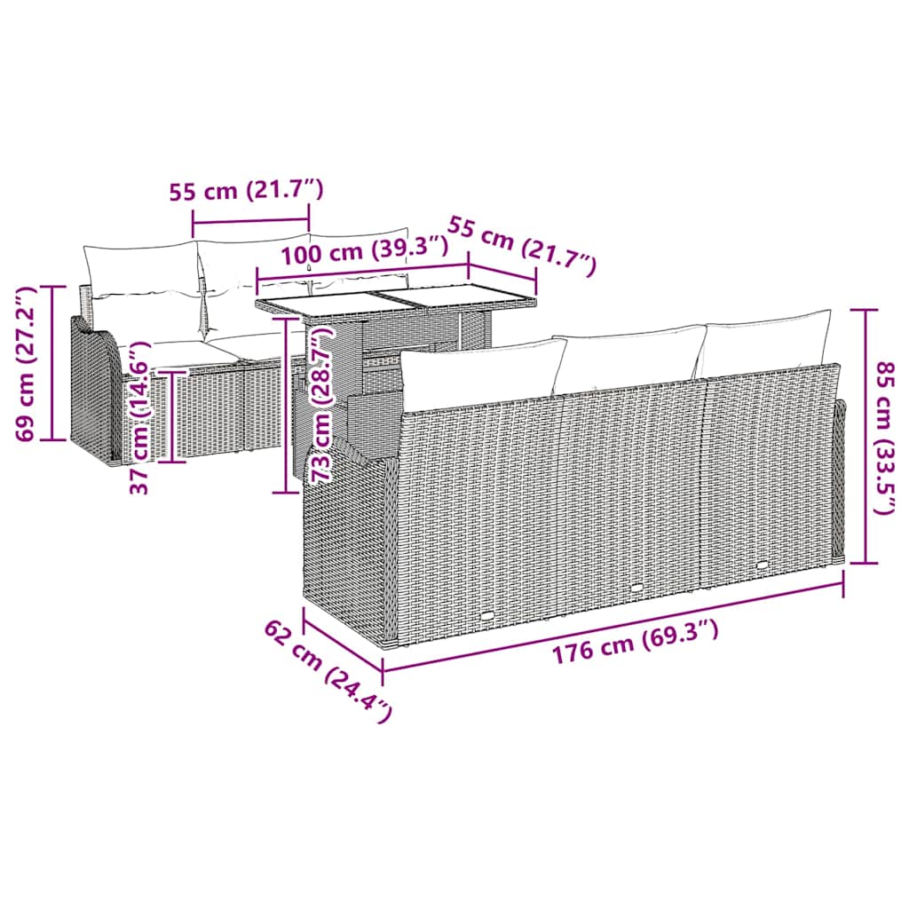 vidaXL Tuinbank Set met kussen 7 pcs Zwart Poly rattan