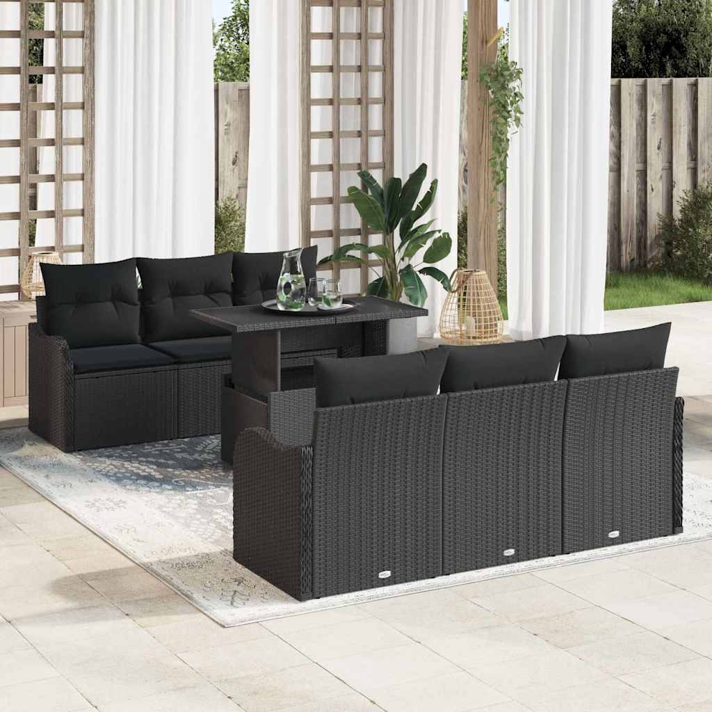 vidaXL Tuinbank Set met kussen 7 pcs Zwart Poly rattan