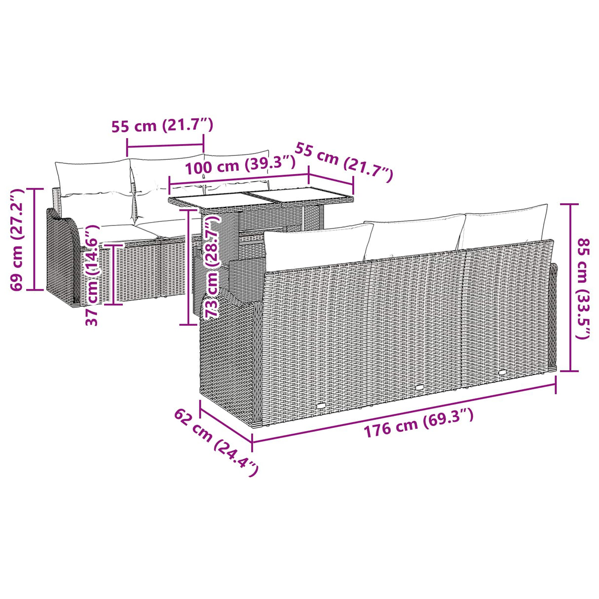 vidaXL Tuinbank Set 7 st Grijs poly rattan