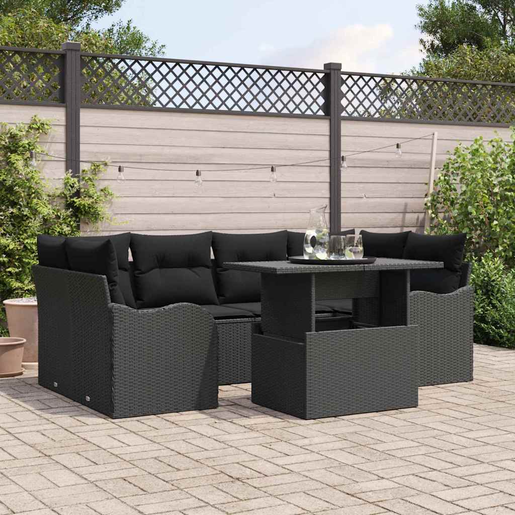 vidaXL Garden Sofa Set with cushions 7 pcs Black Poly Rattan