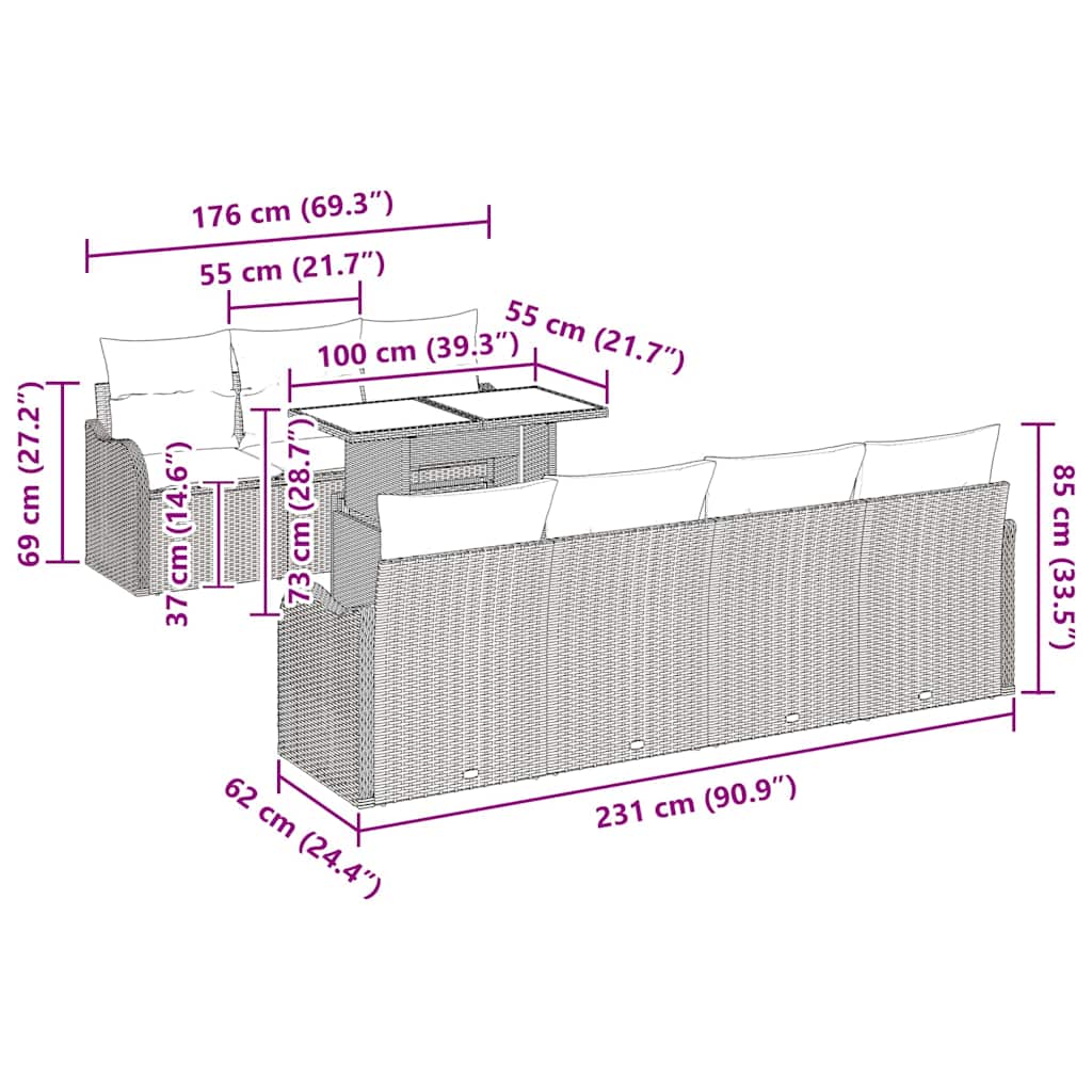 vidaXL Tuinbank Set met kussen 8 pcs Zwart Poly rattan