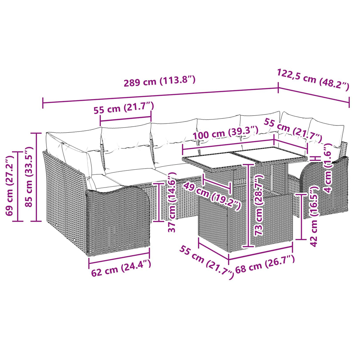 vidaXL Tuinbank Set met kussen 8 pcs Bruin Poly rattan