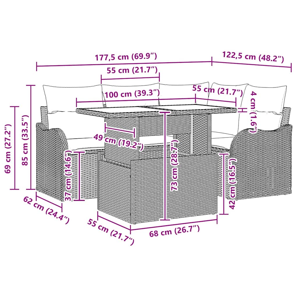 vidaXL Buiten Eettafel Set met kussen 5 pcs Zwart Poly rattan